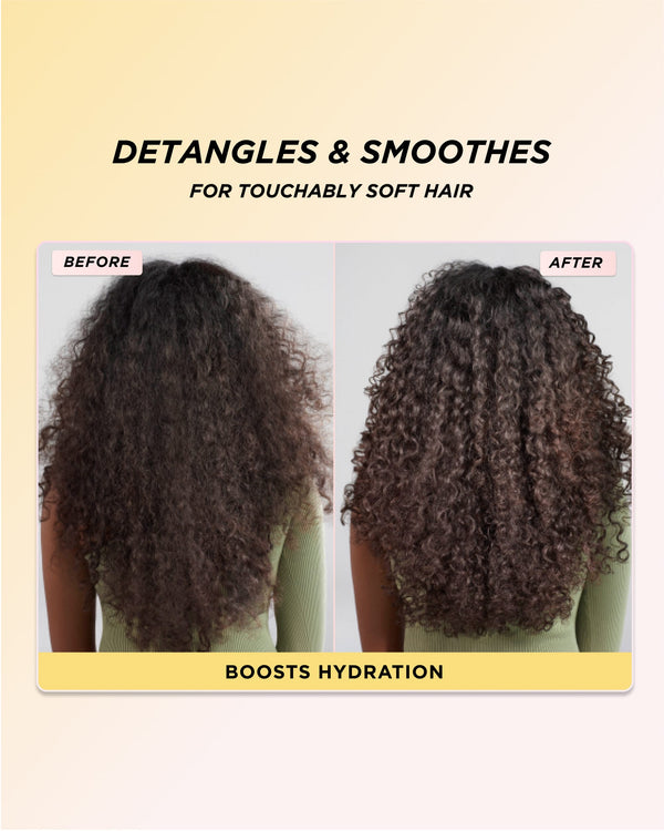 Infographic showing the images of curly hair before and after using Hair Conditioner