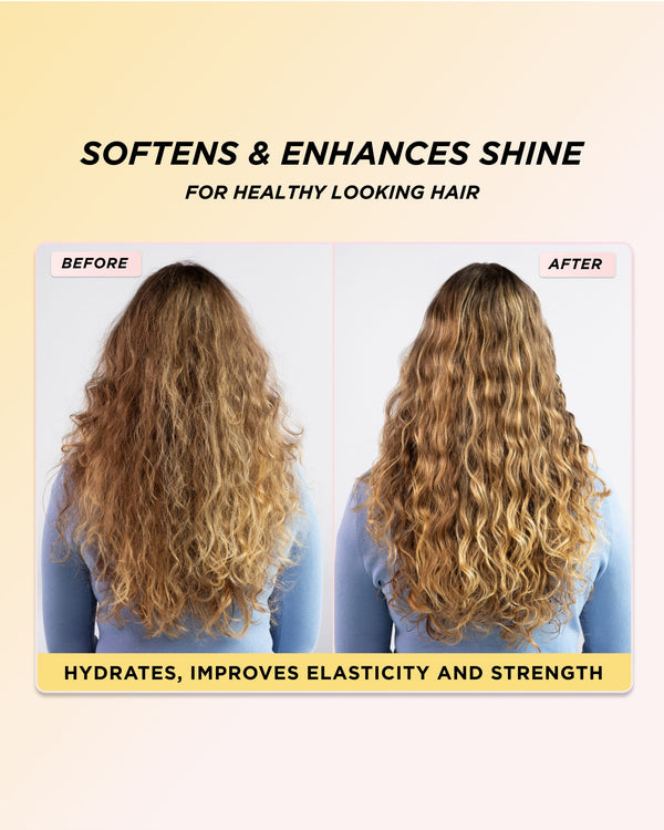 Infographic showing the images of curly hair before and after using Honey Infused Leave-in Conditioner
