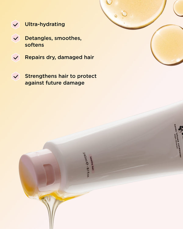 Infographic describing key benefits of Honey Infused Hair Conditioner