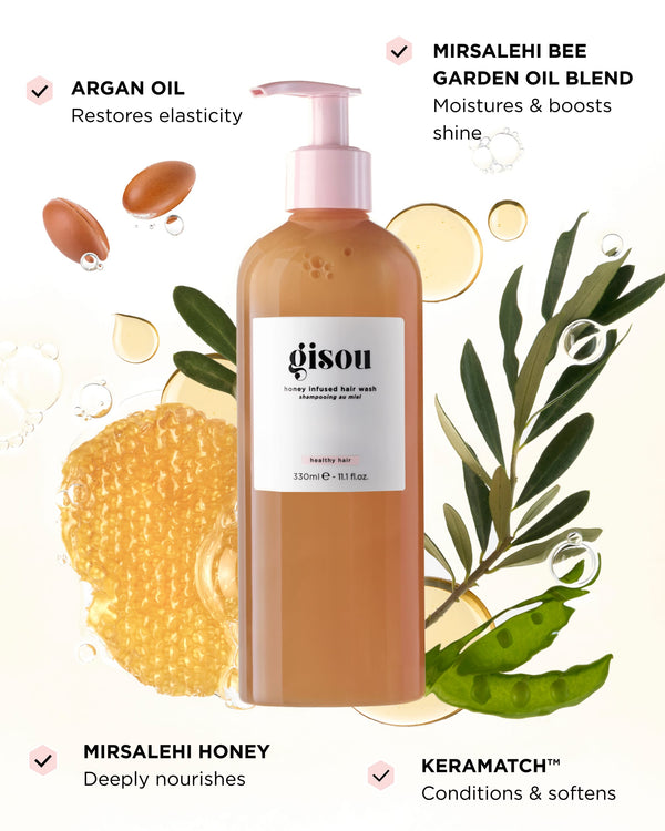 Infographic showing key ingredients of Honey Infused Hair Wash