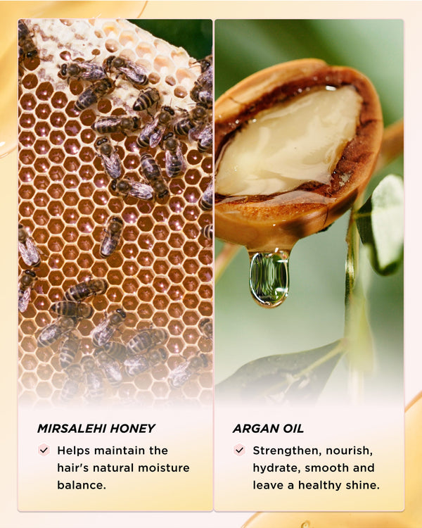 Infographic showing key ingredients of Honey Infused Hair Perfume