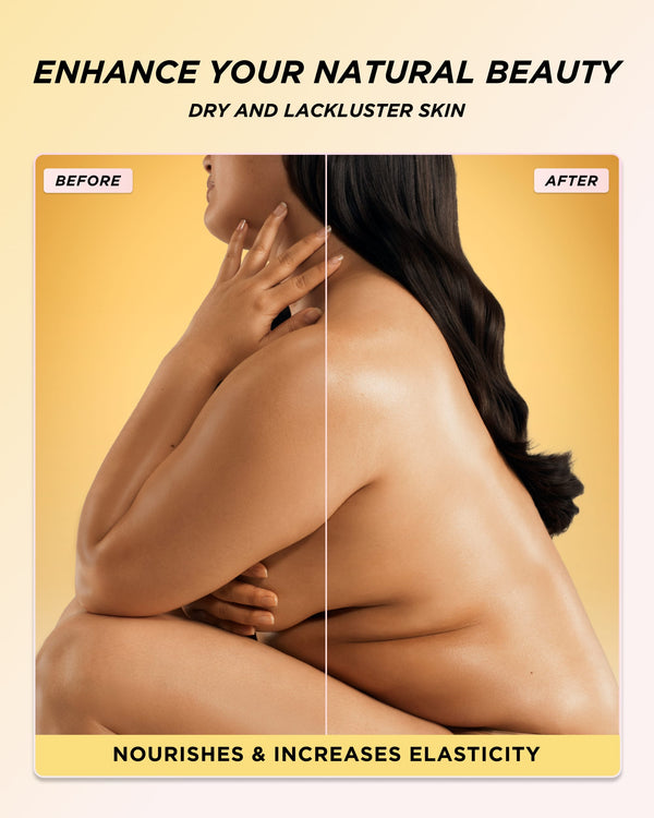 Infographic showing split images of before and after using honey infused body oil