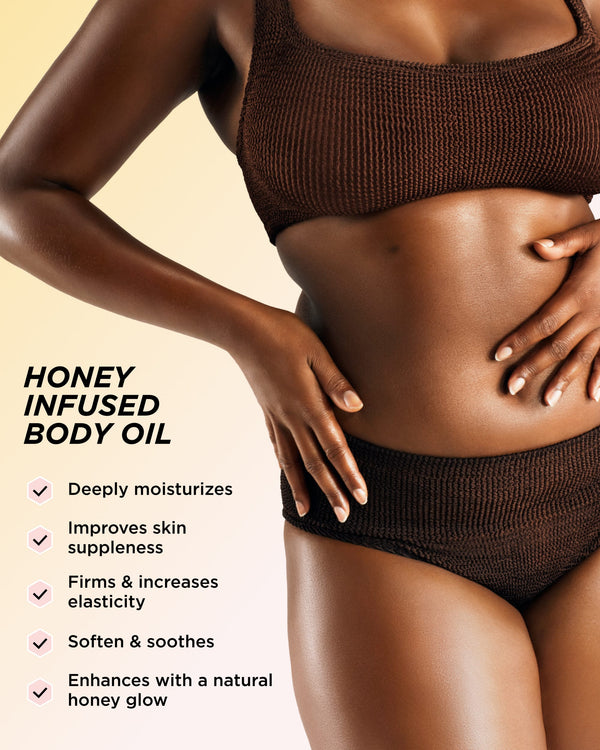 Infographic explaining the benefits of the honey infused body oil
