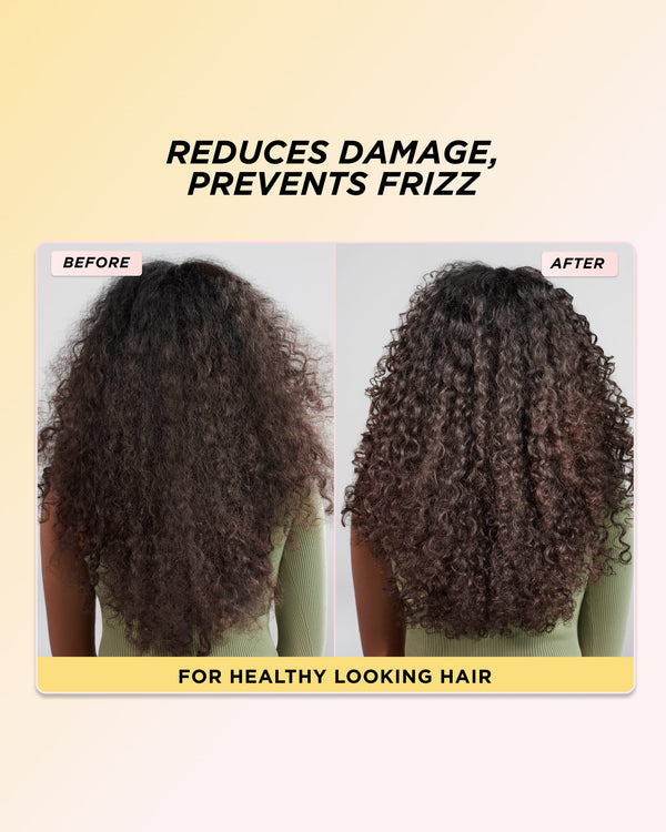 Infographic showing the images of curly hair before and after using cleanse and care set