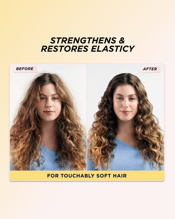 Infographic showing the images of wavy hair before and after using cleanse and care set